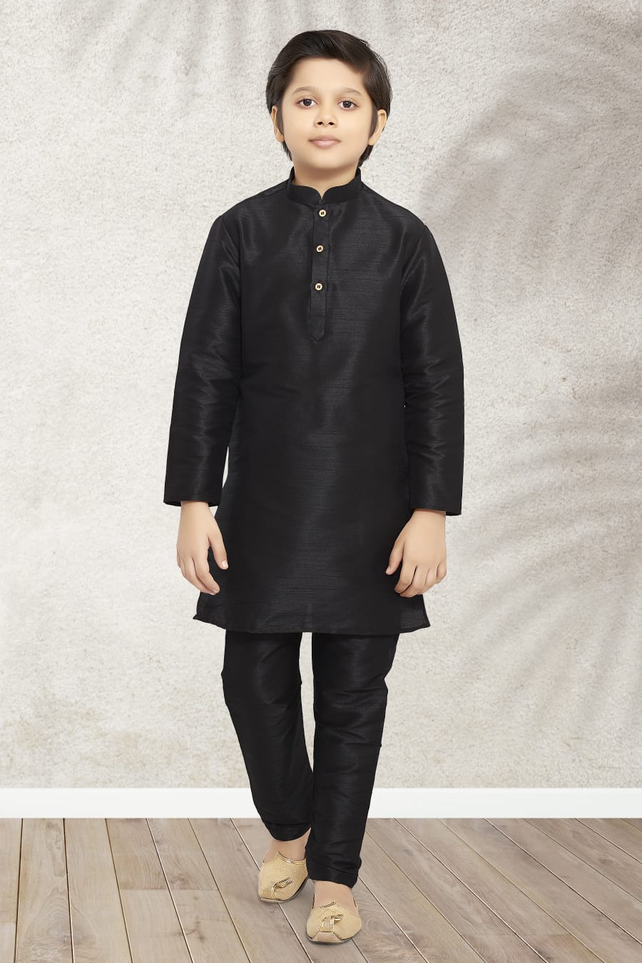 Black Pure Soft Art Banarasi Silk Boys Kurta Pajama Jacket Set