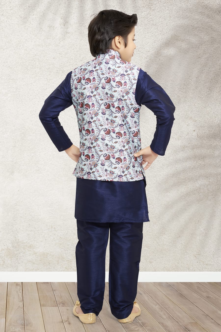 Navy Blue Pure Soft Art Banarasi Silk Boys Kurta Pajama Jacket Set