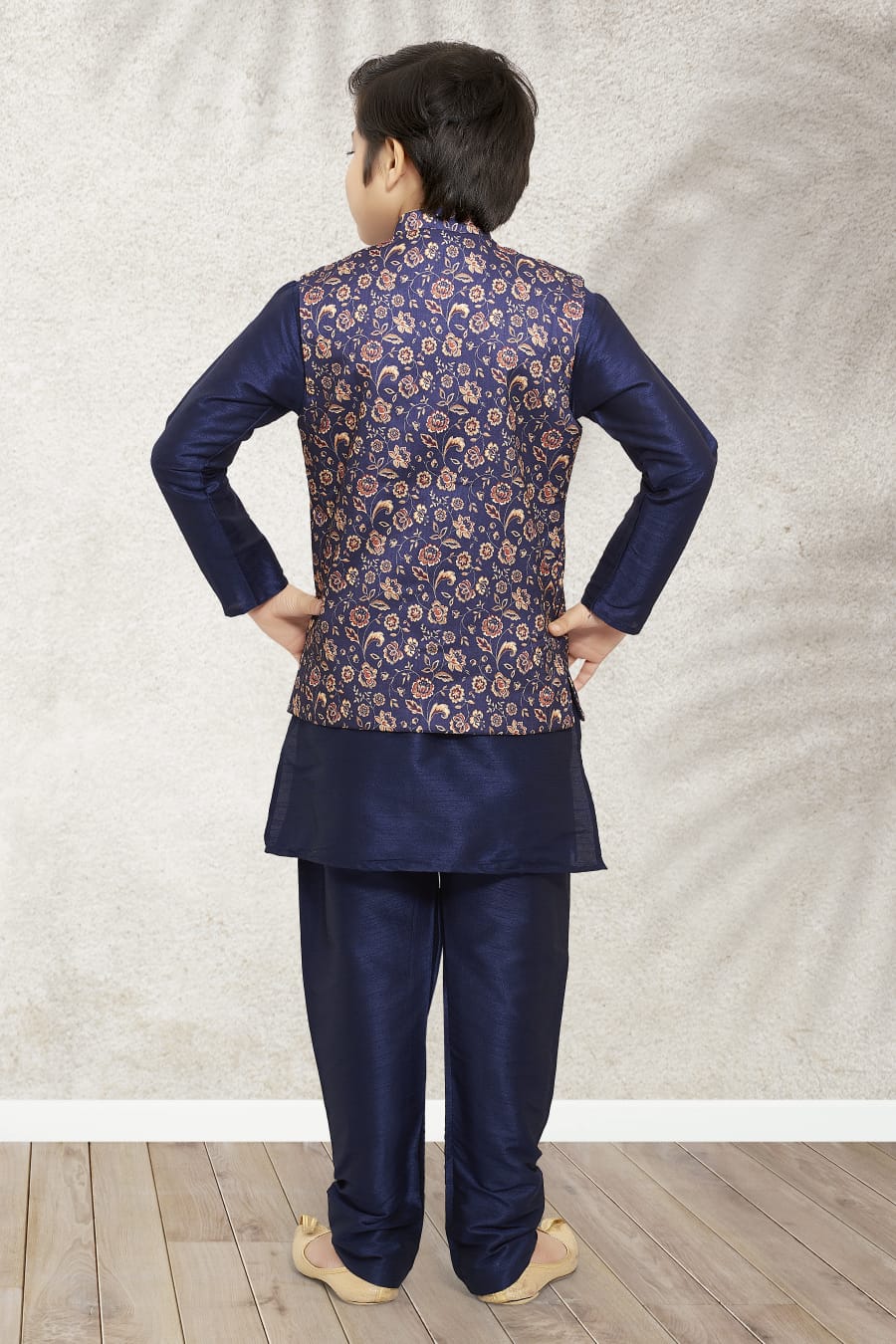 Blue Pure Soft Art Banarasi Silk Boys Kurta Pajama Jacket Set