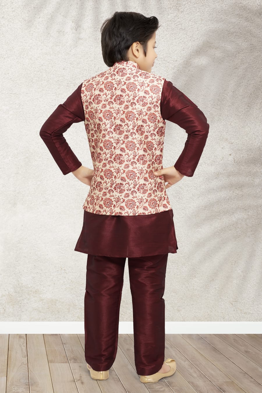 Maroon Pure Soft Art Banarasi Silk Boys Kurta Pajama Jacket Set
