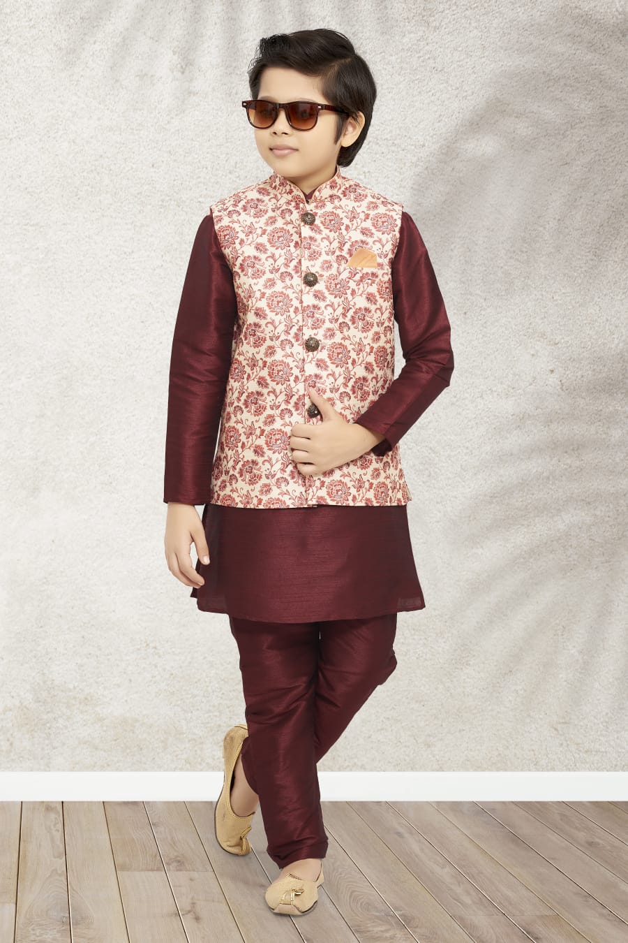 Maroon Pure Soft Art Banarasi Silk Boys Kurta Pajama Jacket Set