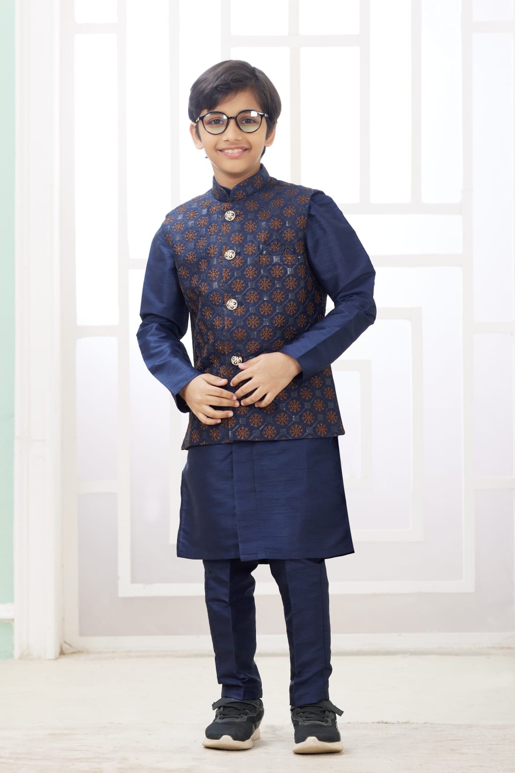 Navy Blue Pure Soft Art Banarasi Silk Computer Work Boys Kurta Pajama Jacket Set
