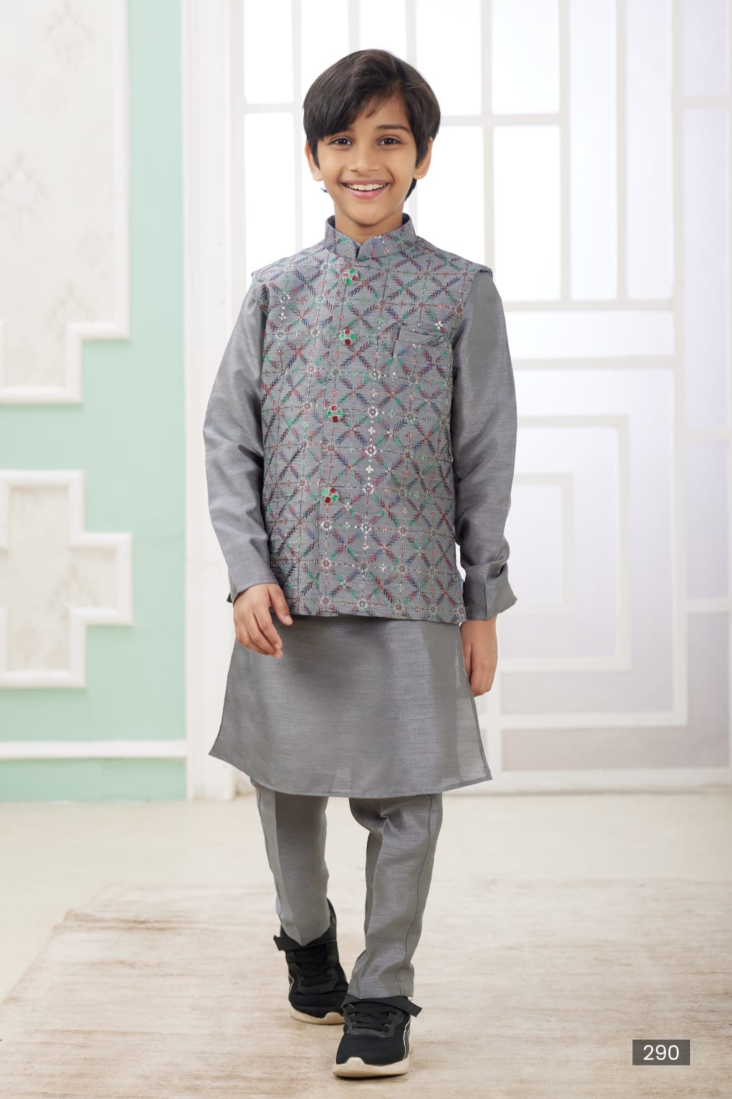 Grey Pure Soft Art Banarasi Silk Computer Work Boys Kurta Pajama Jacket Set