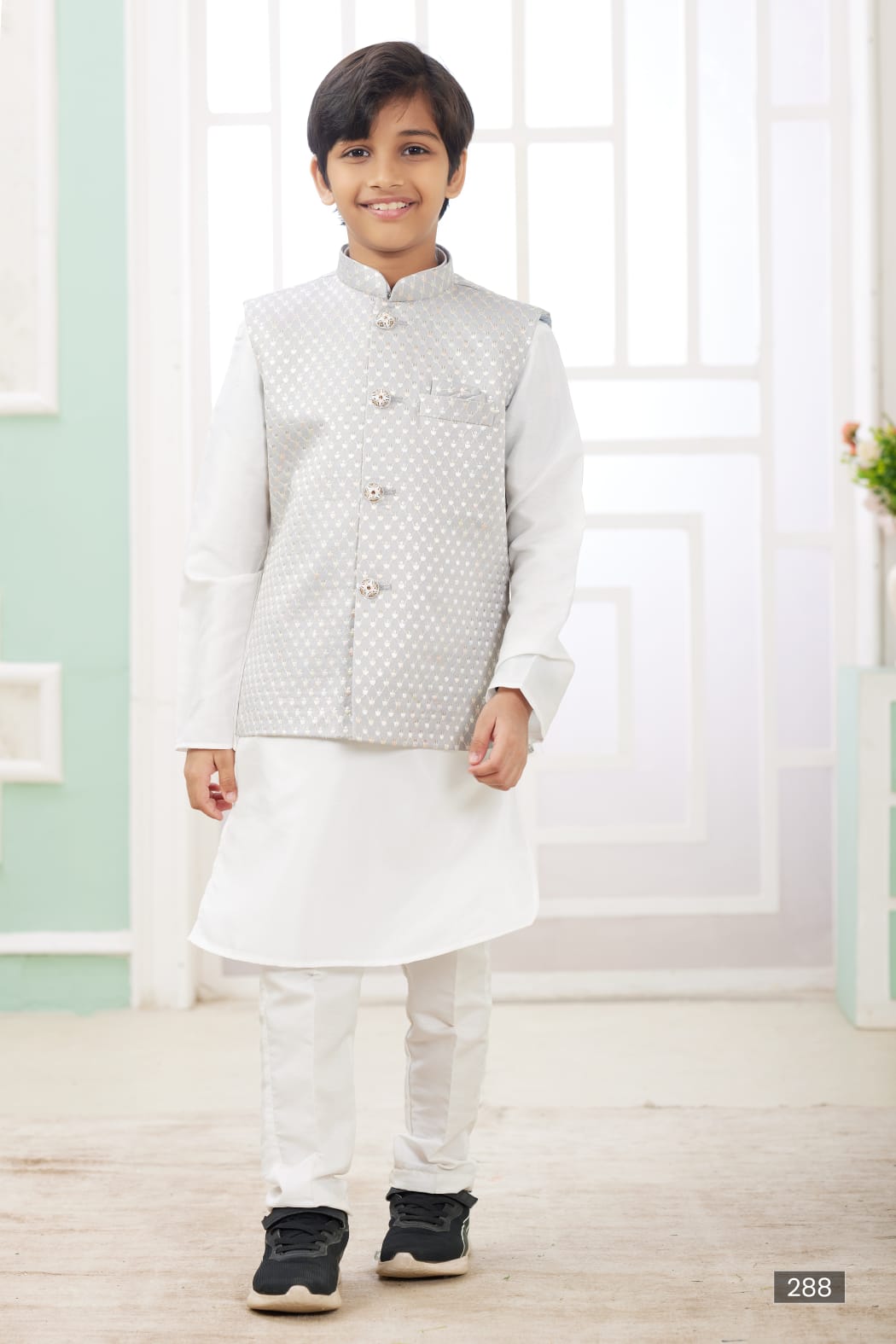 White Pure Soft Art Banarasi Silk Computer Work Boys Kurta Pajama Jacket Set