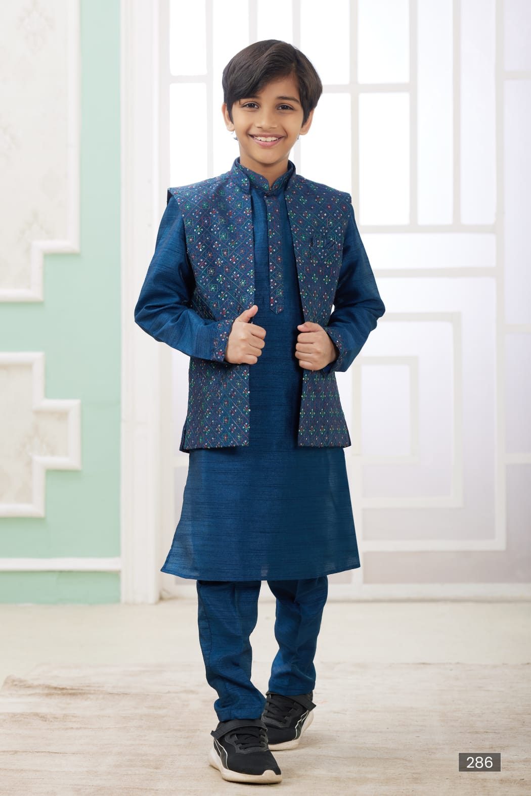 Blue Pure Soft Art Banarasi Silk Computer Work Boys Kurta Pajama Jacket Set