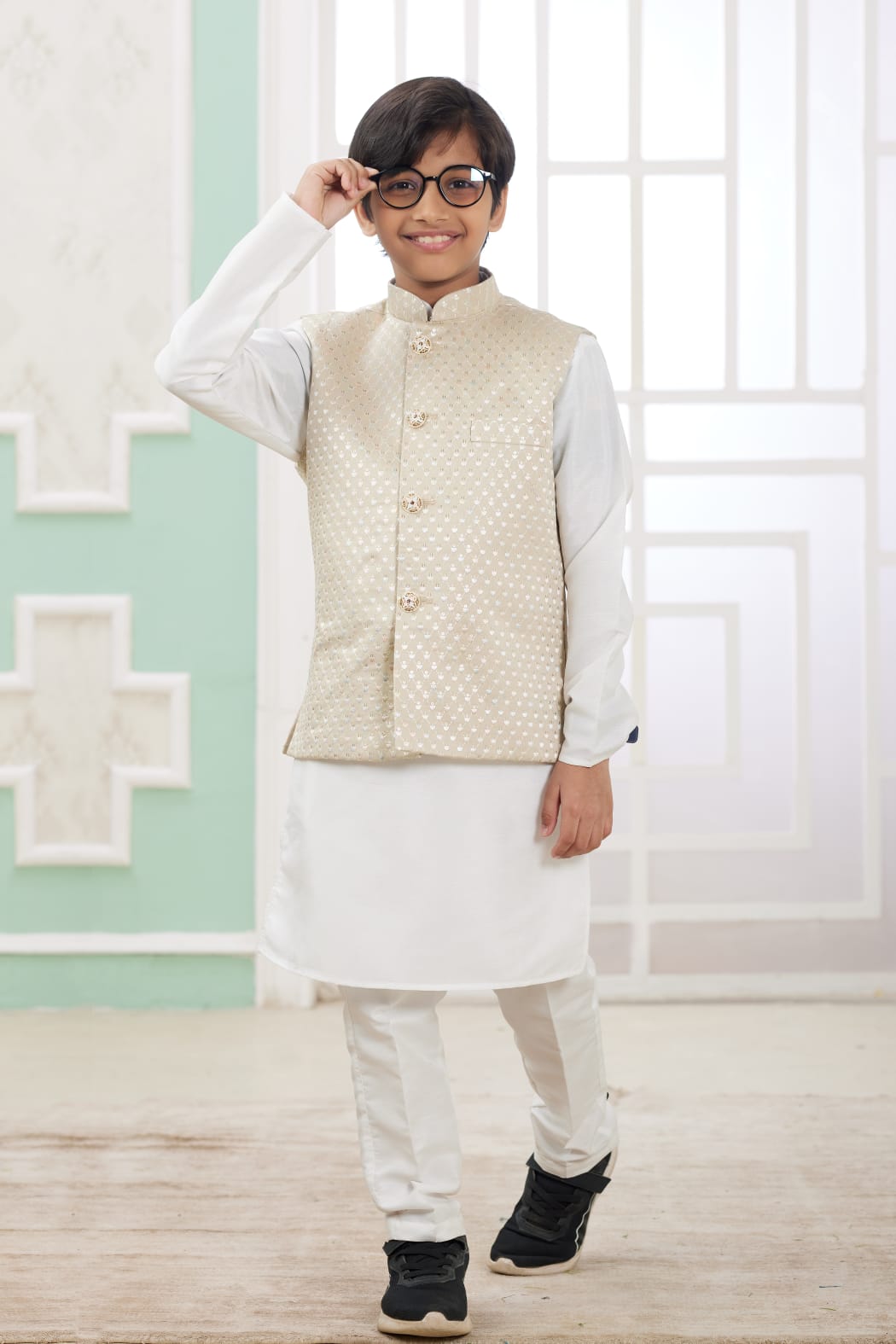 Off White Pure Soft Art Banarasi Silk Computer Work Boys Kurta Pajama Jacket Set