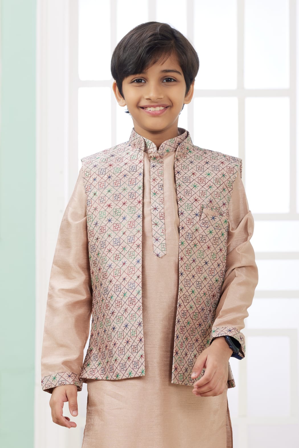 Peach Pure Soft Art Banarasi Silk Computer Work Boys Kurta Pajama Jacket Set