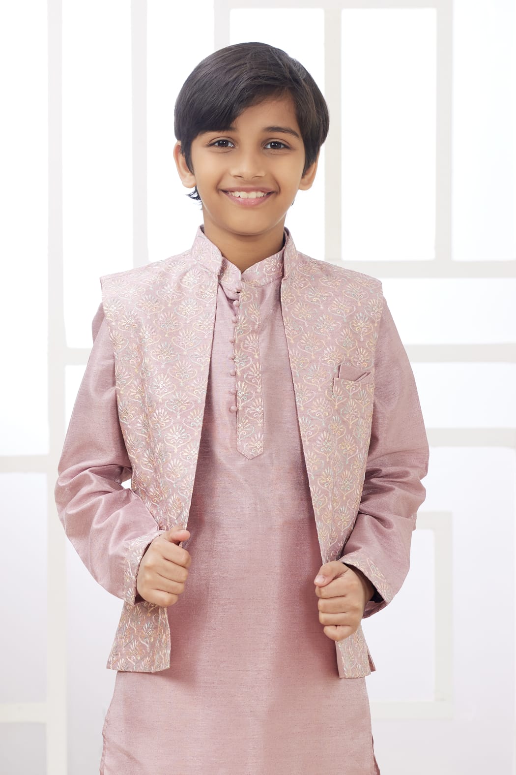 Onion Pure Soft Art Banarasi Silk Computer Work Boys Kurta Pajama Jacket Set