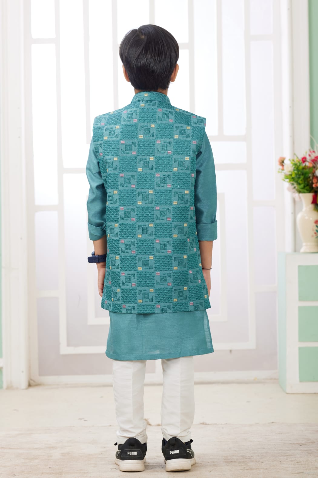 Green Pure Soft Art Banarasi Silk Computer Work Boys Kurta Pajama Jacket Set