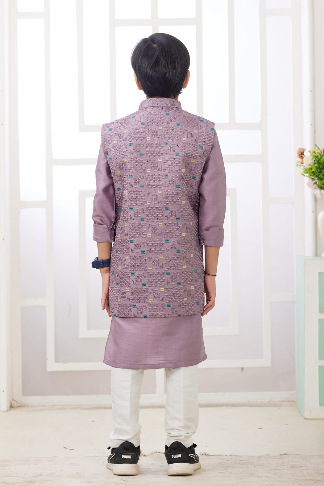 Onion Pure Soft Art Banarasi Silk Computer Work Boys Kurta Pajama Jacket Set