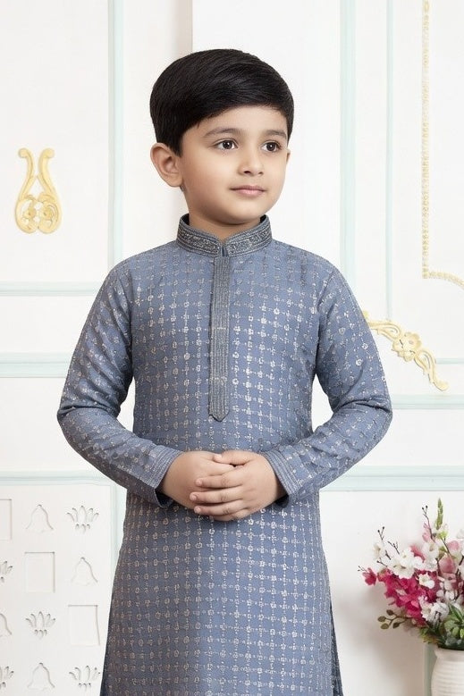Grey Pure Soft Art Banarasi Silk Embroidery Work Boys Kurta Pajama