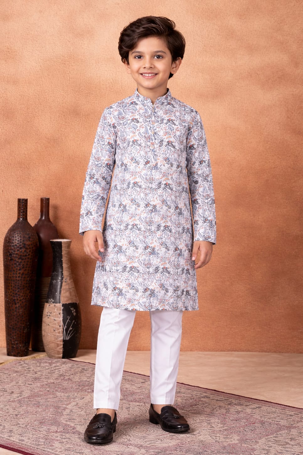 Grey Pure Soft Art Banarasi Silk Digital Print Boys Kurta Pajama