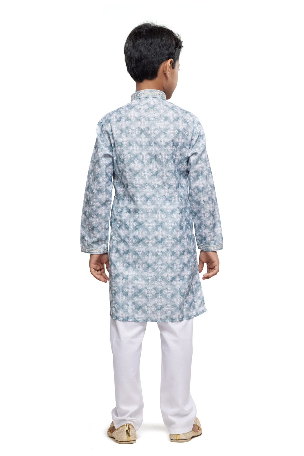 Grey Pure Soft Art Banarasi Silk Thread Work Boys Kurta Pajama