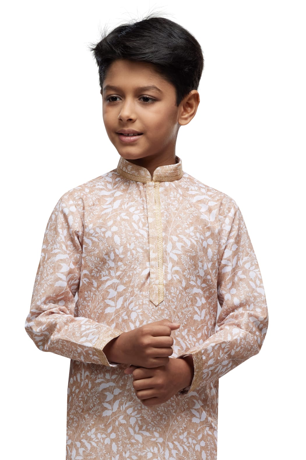 Peach Pure Soft Art Banarasi Silk Thread Work Boys Kurta Pajama