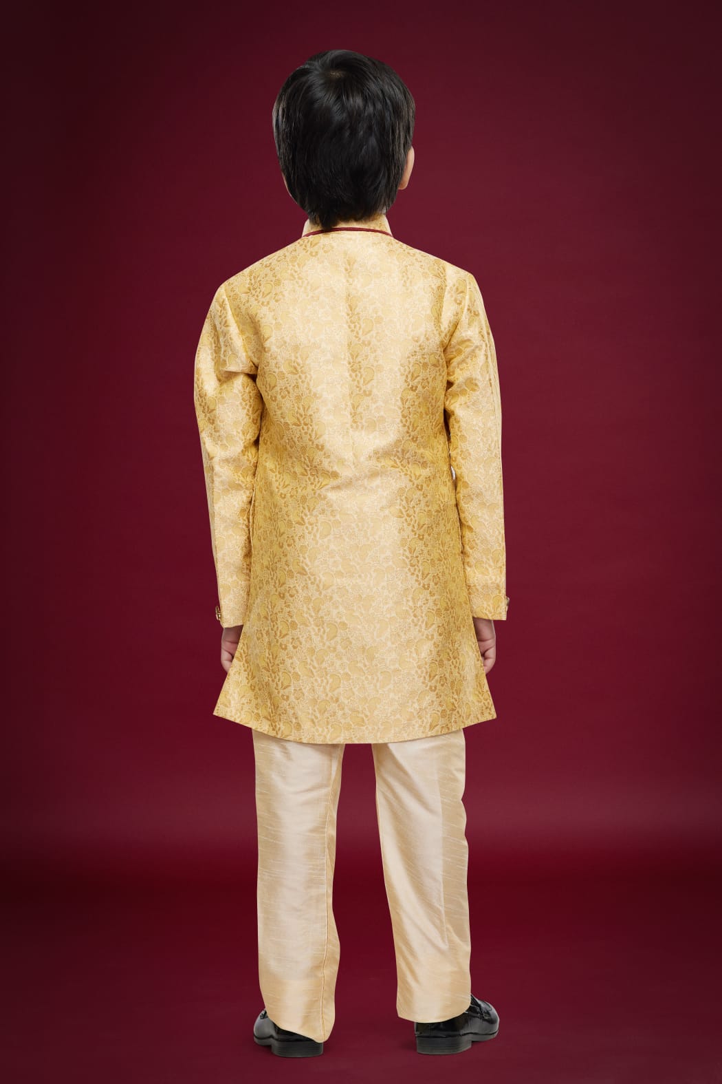 Golden Pure Soft Banarasi Jequard Silk Boys Indowestern Sherwani