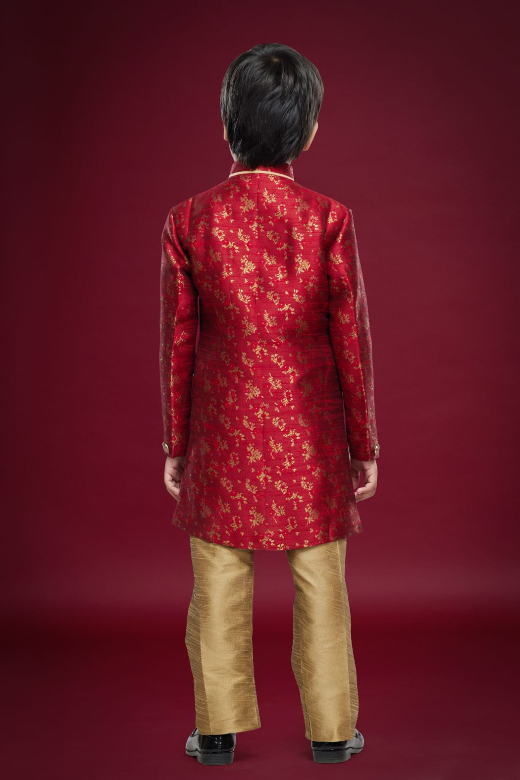 Maroon Green Pure Soft Banarasi Jequard Silk Boys Indowestern Sherwani