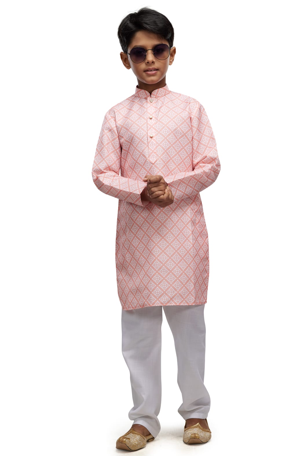 Peach Pure Soft Art Banarasi Silk Digital Print Boys Kurta Pajama