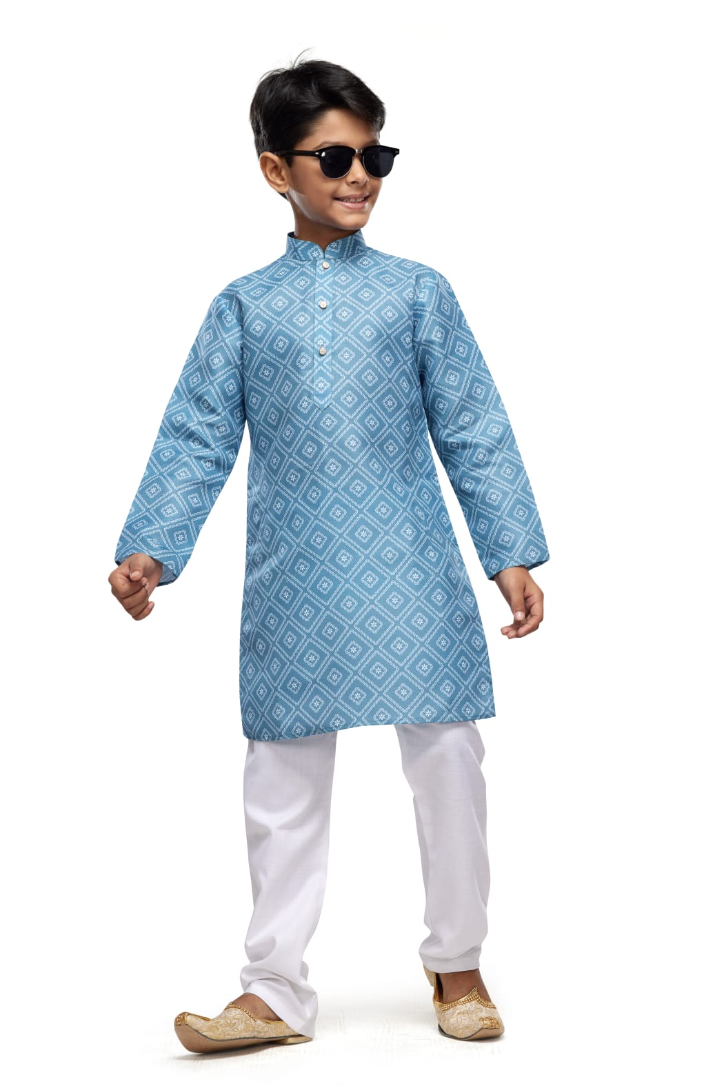 Blue Pure Soft Art Banarasi Silk Digital Print Boys Kurta Pajama