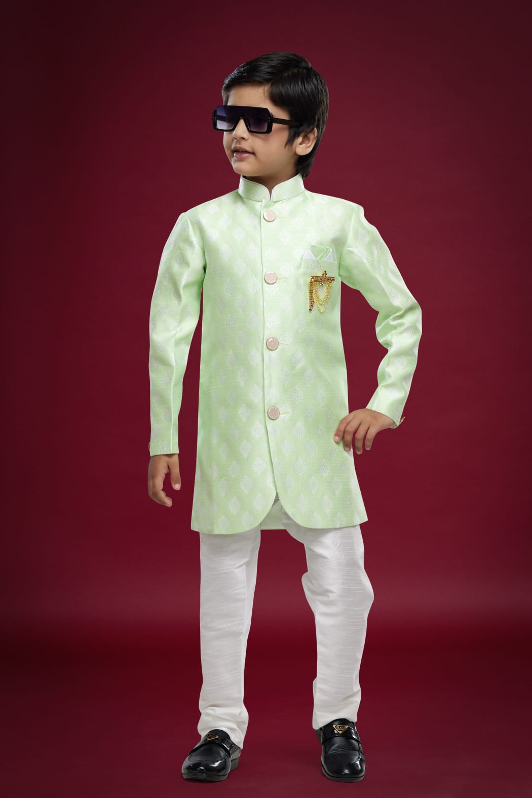 Pusta Green Pure Soft Banarasi Jequard Silk Boys Indowestern Sherwani