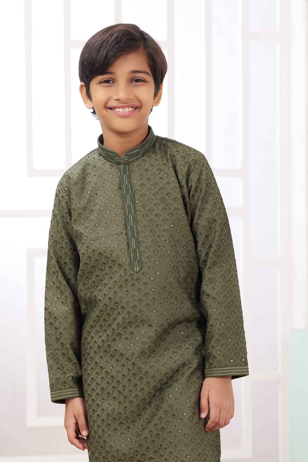 Mehandi Green Pure Soft Art Banarasi Silk Embroidery Thread Work Boys Kurta Pajama