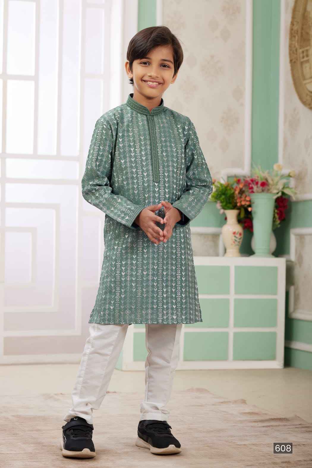 Green Pure Soft Art Banarasi Silk Embroidery Thread Work Boys Kurta Pajama