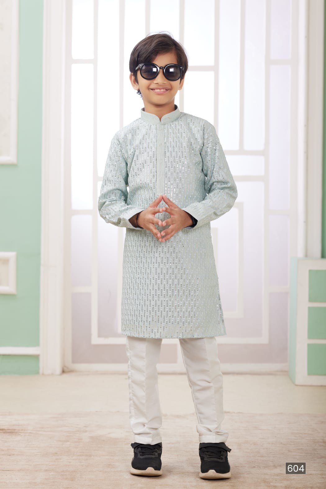 Mint Green Pure Soft Art Banarasi Silk Embroidery Thread Work Boys Kurta Pajama