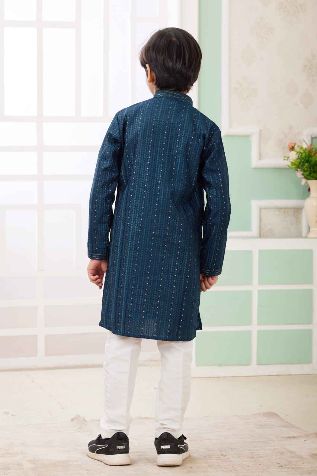 Teal Green Pure Soft Art Banarasi Silk Embroidery Thread Work Boys Kurta Pajama