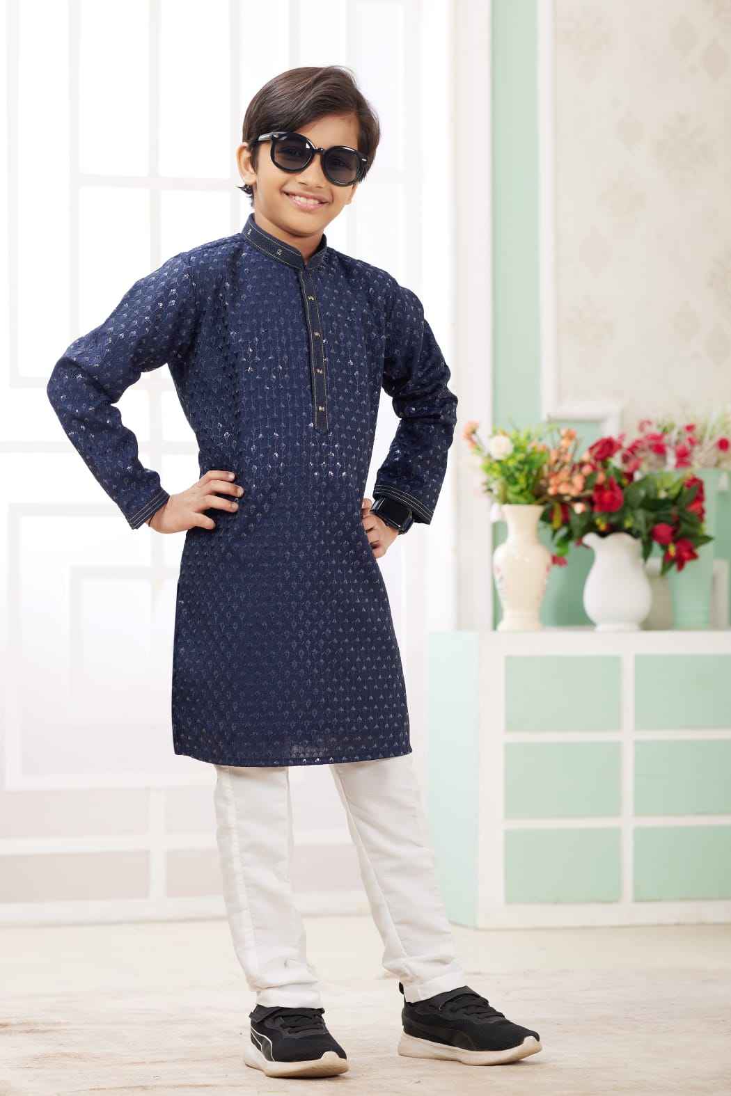 Blue Pure Soft Art Banarasi Silk Embroidery Thread Work Boys Kurta Pajama