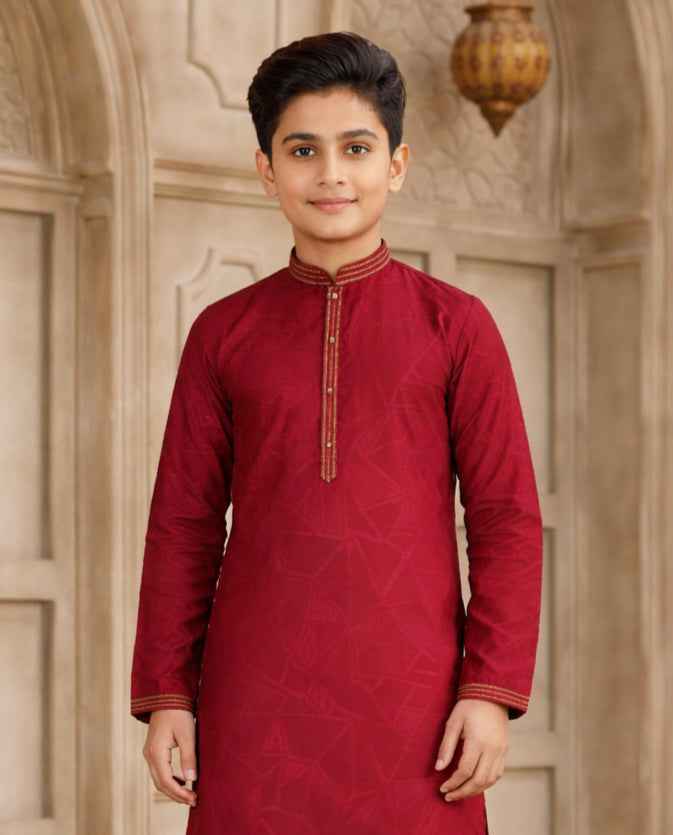 Maroon Pure Soft Art Silk Self Broead Boys Kurta Pajama