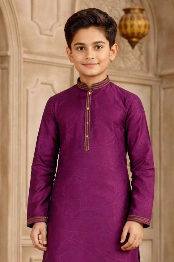 Purple Pure Soft Art Silk Self Broead Boys Kurta Pajama