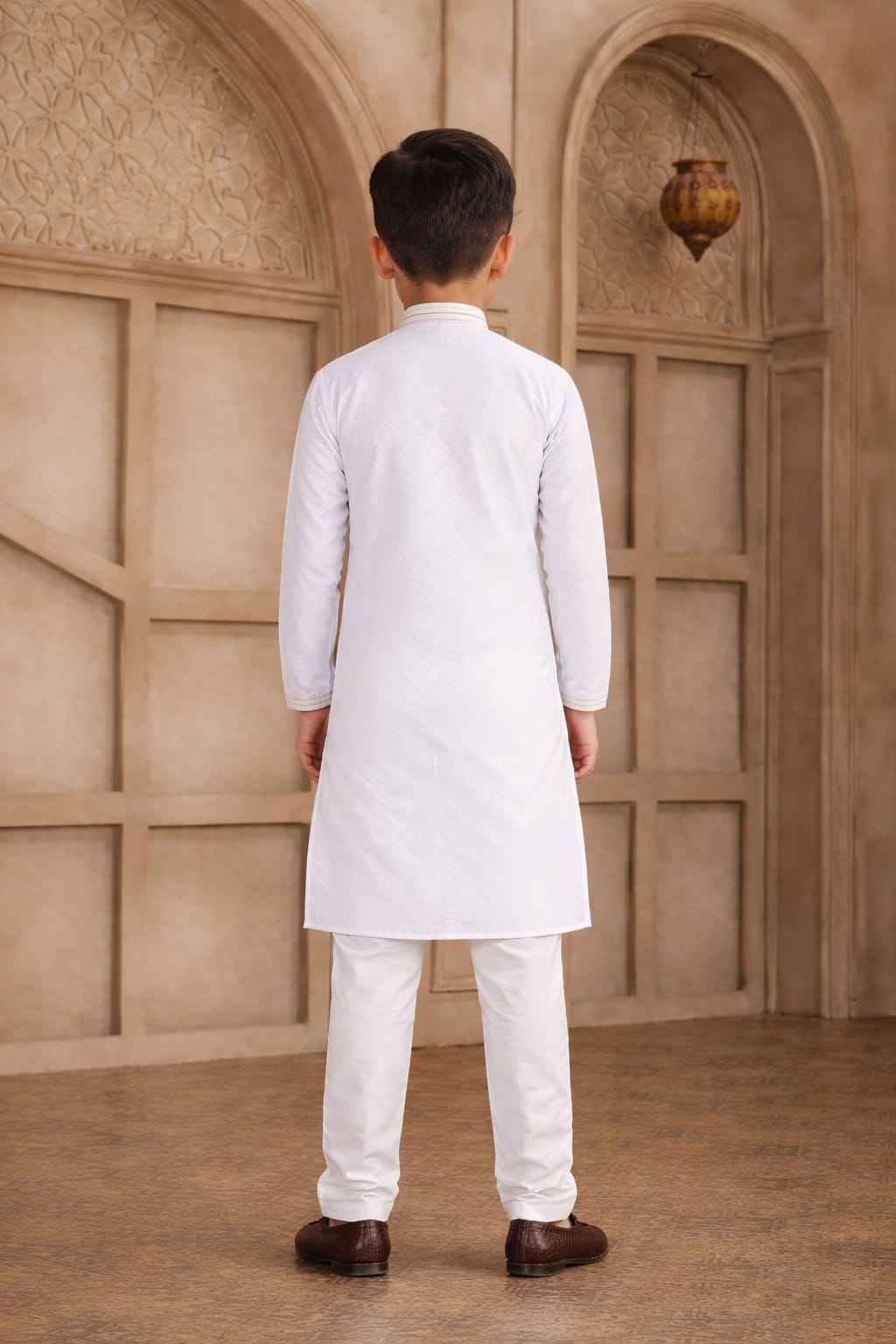 Off White Pure Soft Art Silk Self Broead Boys Kurta Pajama