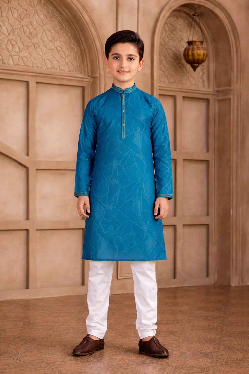 Teal Pure Soft Art Silk Self Broead Boys Kurta Pajama