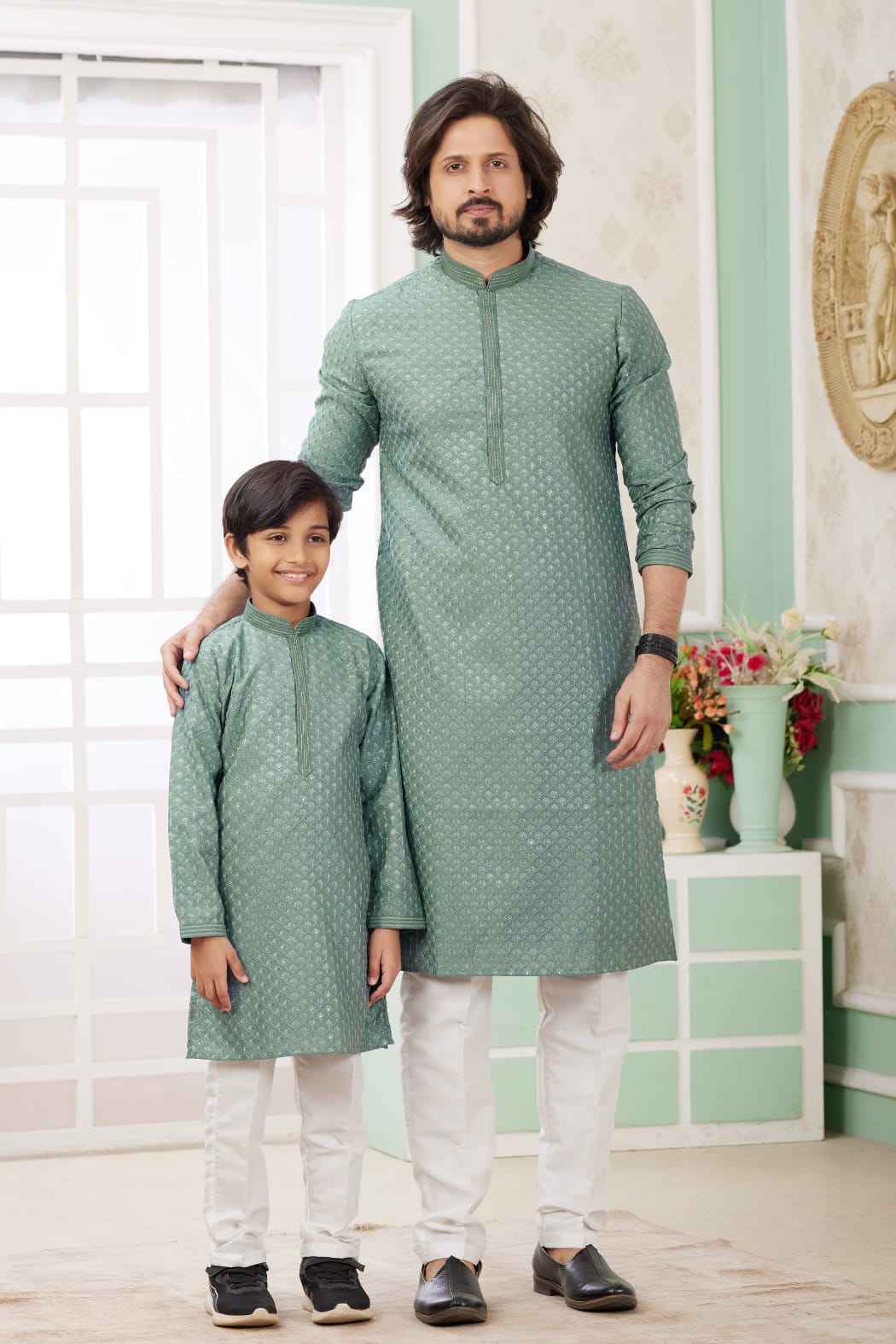 Green Pure Art Banarasi Silk Thread Work Kurta Pajama Father and Son Matching Combo Set