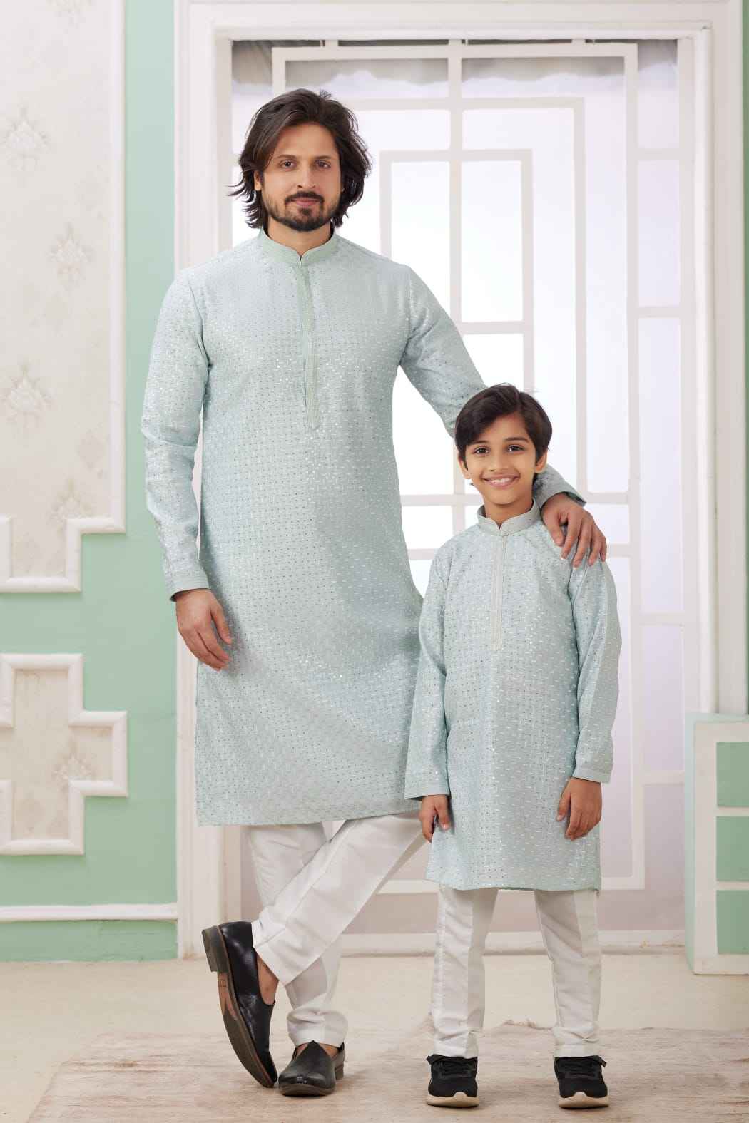 Light Blue Pure Art Banarasi Silk Thread Work Kurta Pajama Father and Son Matching Combo Set