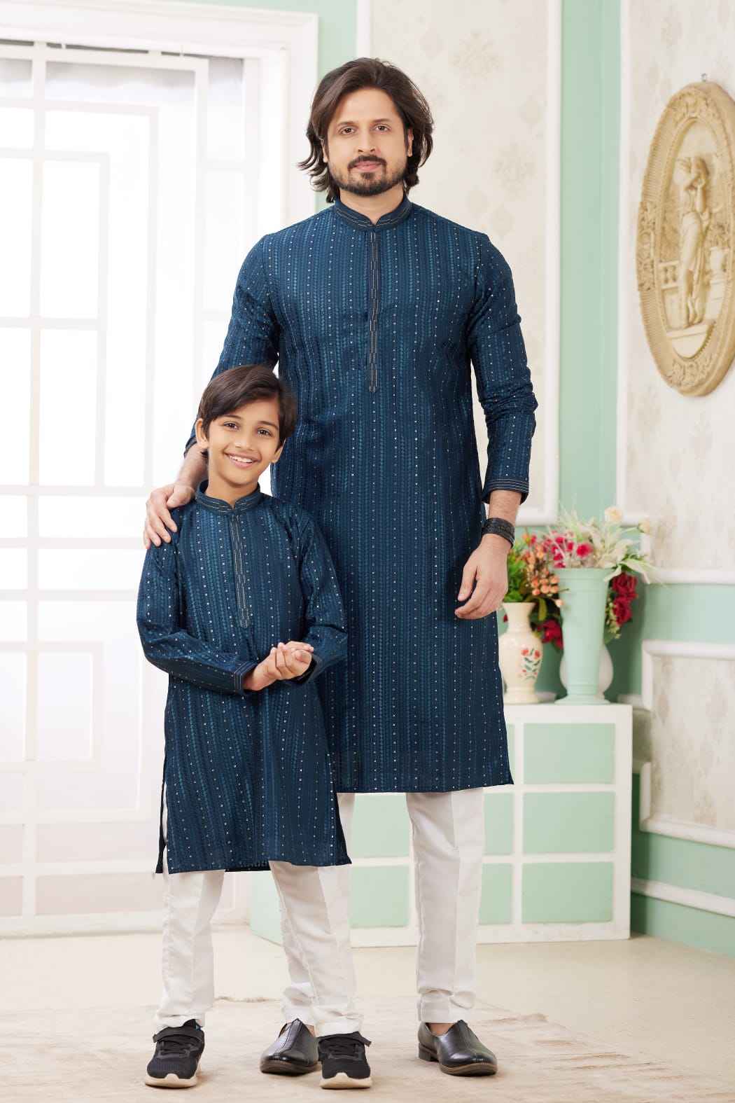 Teal Green Pure Art Banarasi Silk Thread Work Kurta Pajama Father and Son Matching Combo Set