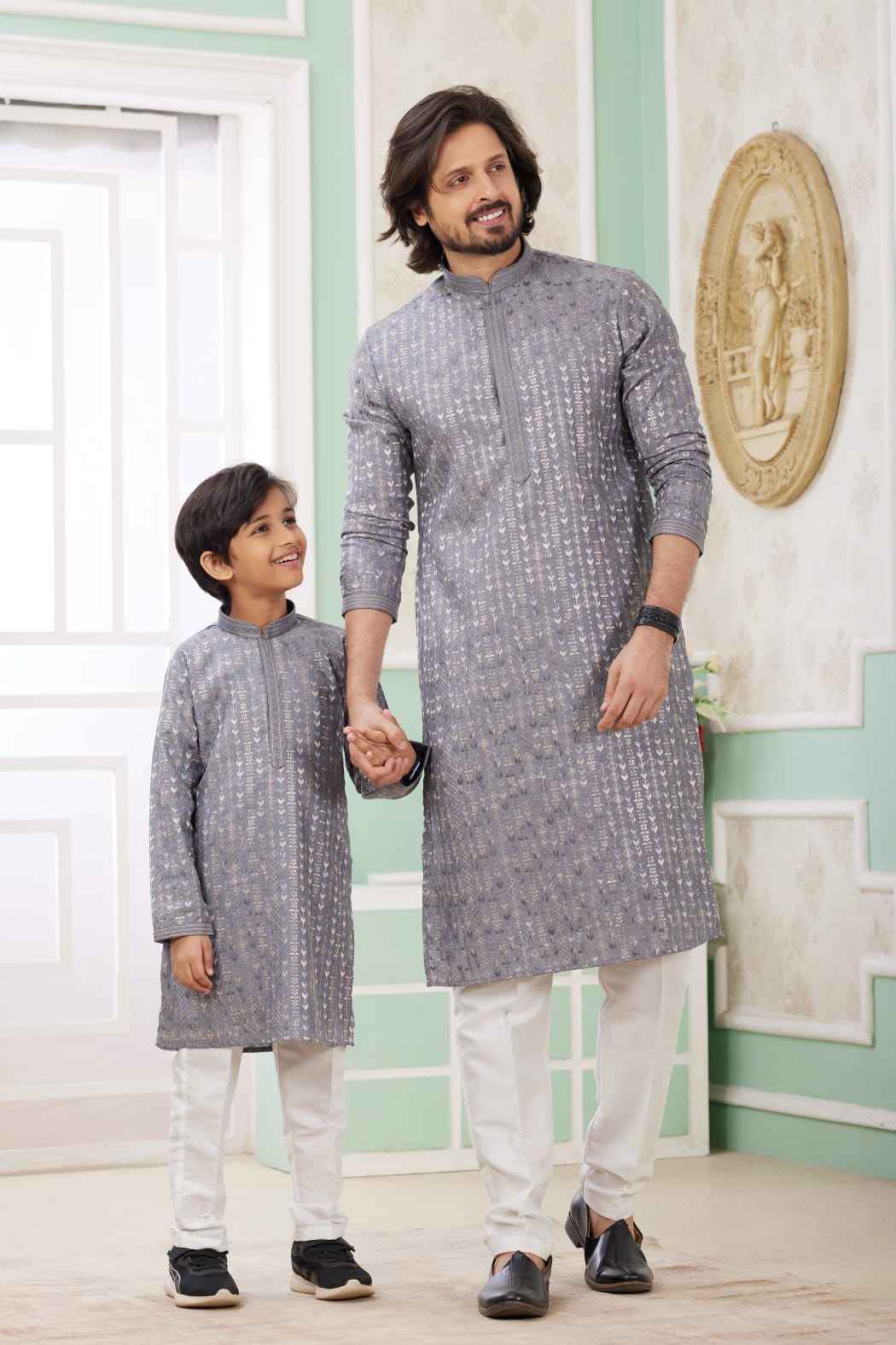 Grey Pure Art Banarasi Silk Thread Work Kurta Pajama Father and Son Matching Combo Set