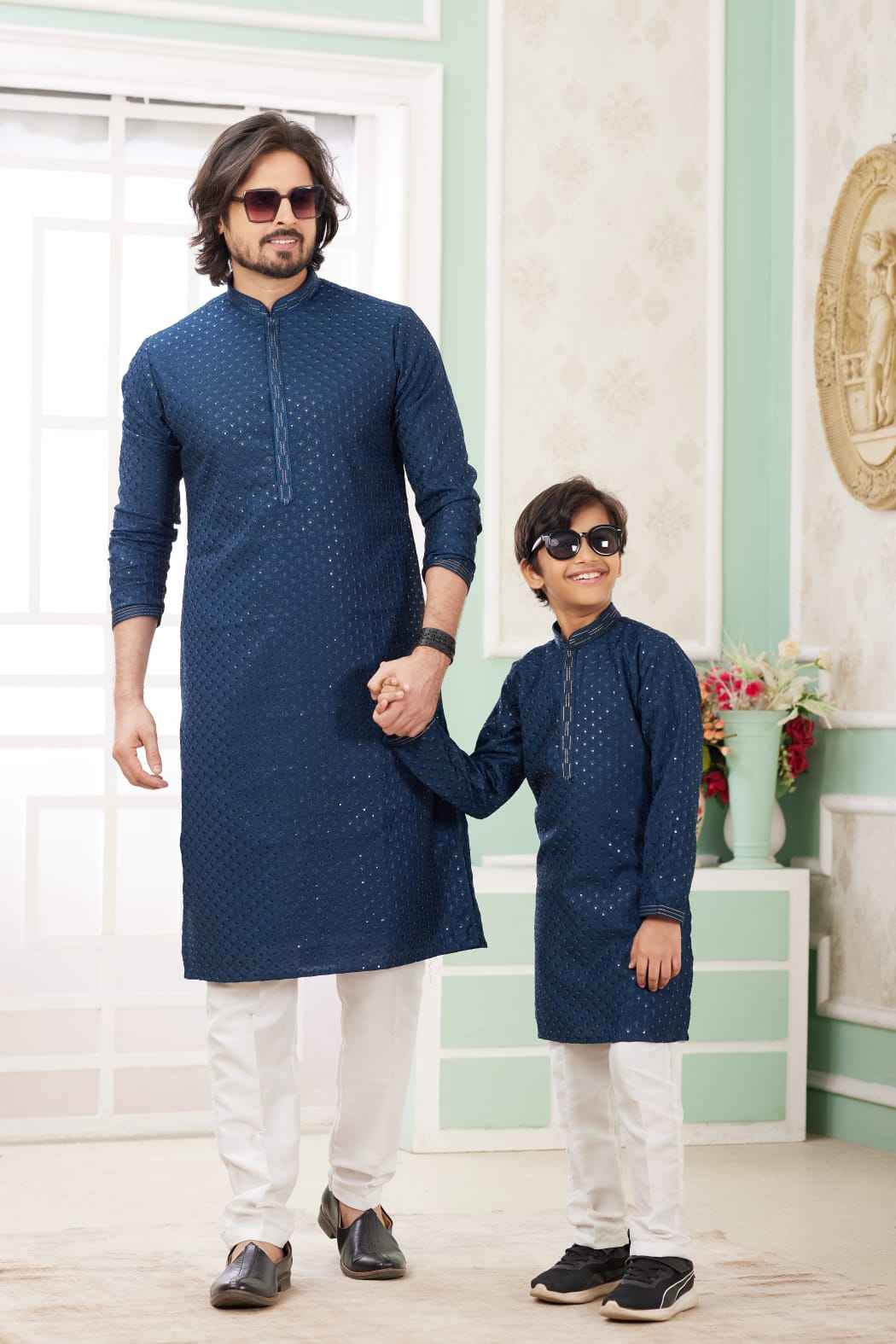 Teal Blue Pure Art Banarasi Silk Thread Work Kurta Pajama Father and Son Matching Combo Set