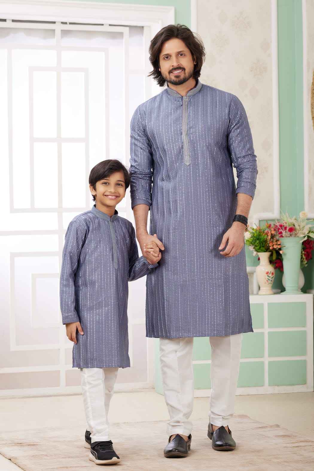 Blue Pure Art Banarasi Silk Thread Work Kurta Pajama Father and Son Matching Combo Set