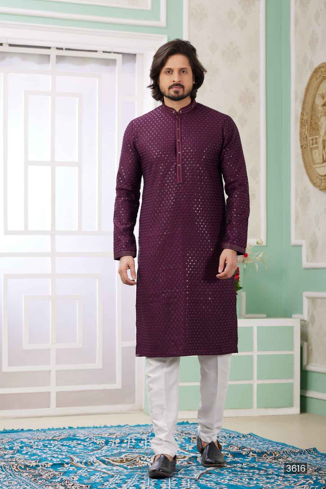 Wine Pure Soft Art Banarasi Silk Embroidery Thread Work Kurta Pajama Set