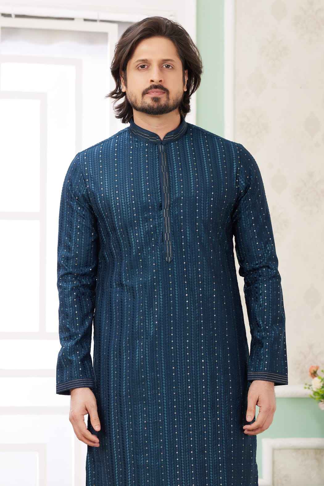 Teal Blue Pure Soft Art Banarasi Silk Embroidery Thread Work Kurta Pajama Set