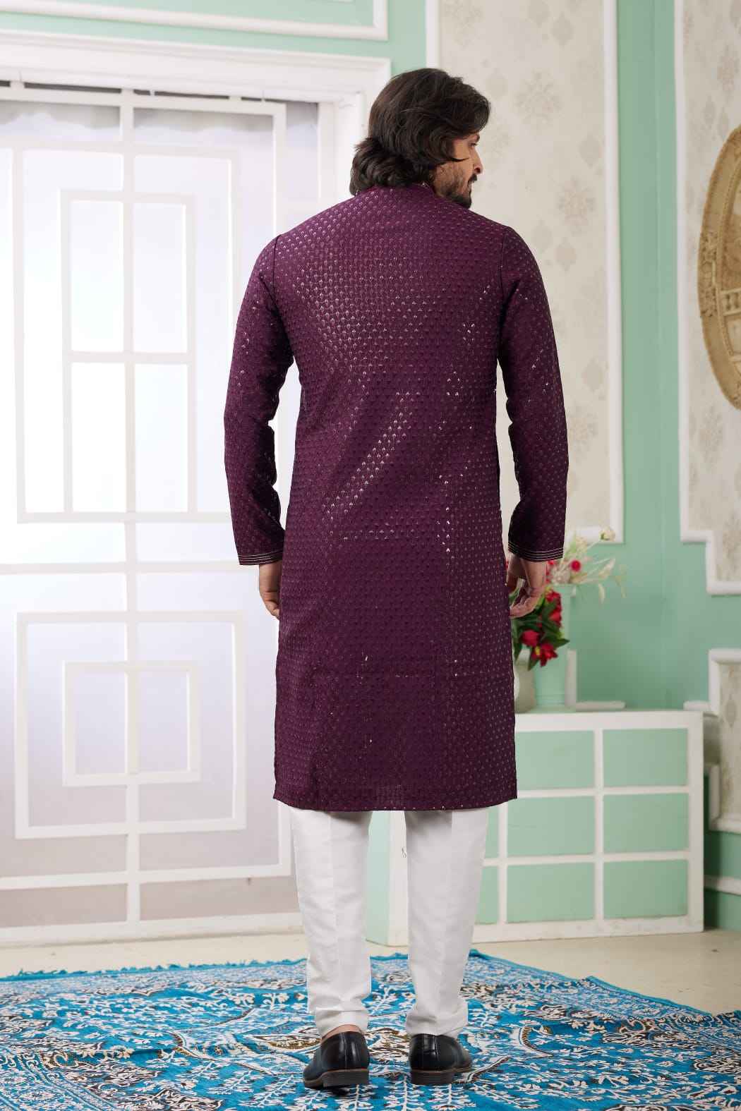 Wine Pure Soft Art Banarasi Silk Embroidery Thread Work Kurta Pajama Set