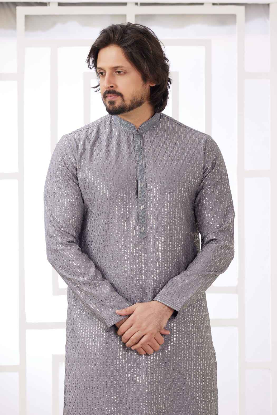 Grey Pure Soft Art Banarasi Silk Embroidery Thread Work Kurta Pajama Set