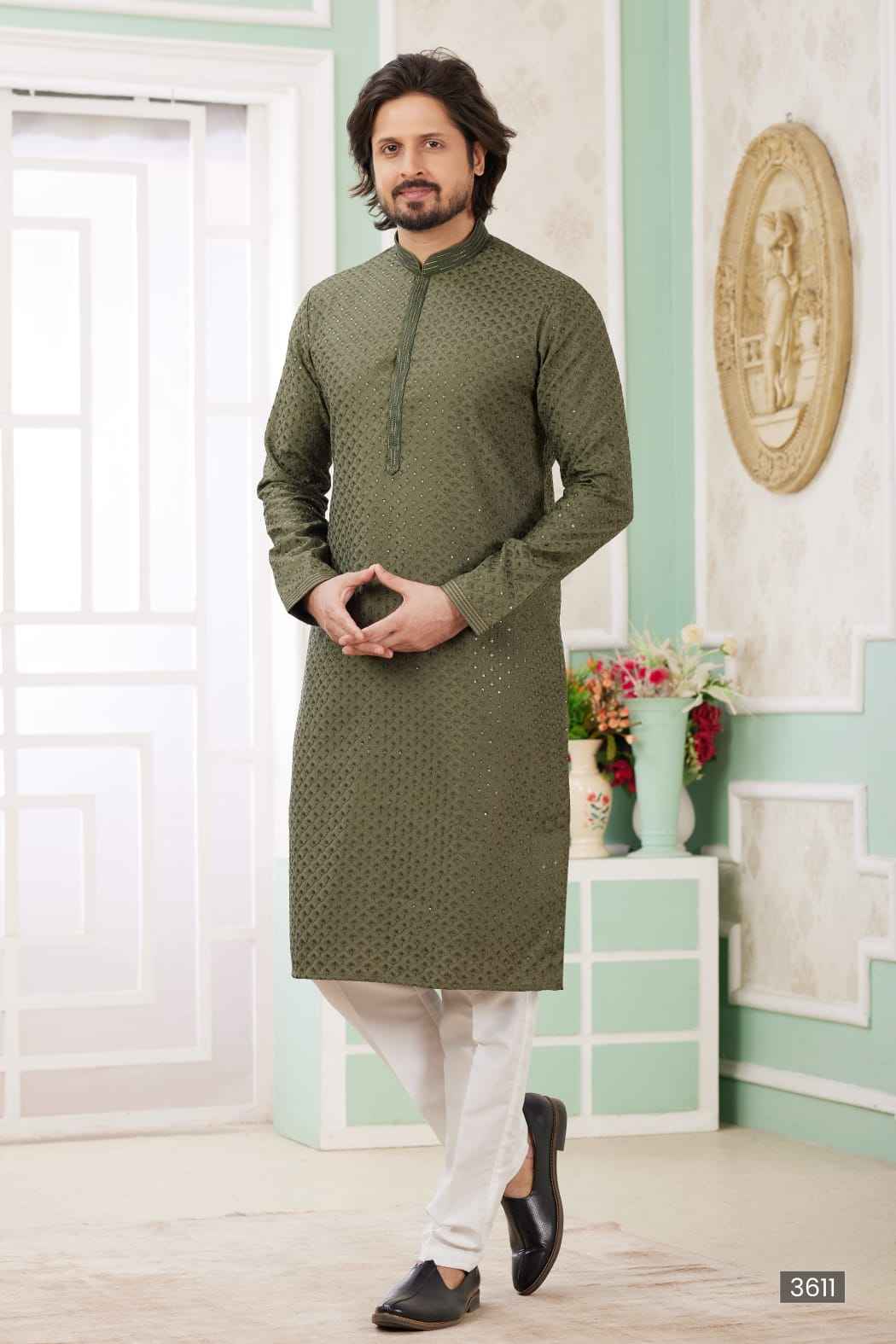 Mahendi Pure Soft Art Banarasi Silk Embroidery Thread Work Kurta Pajama Set
