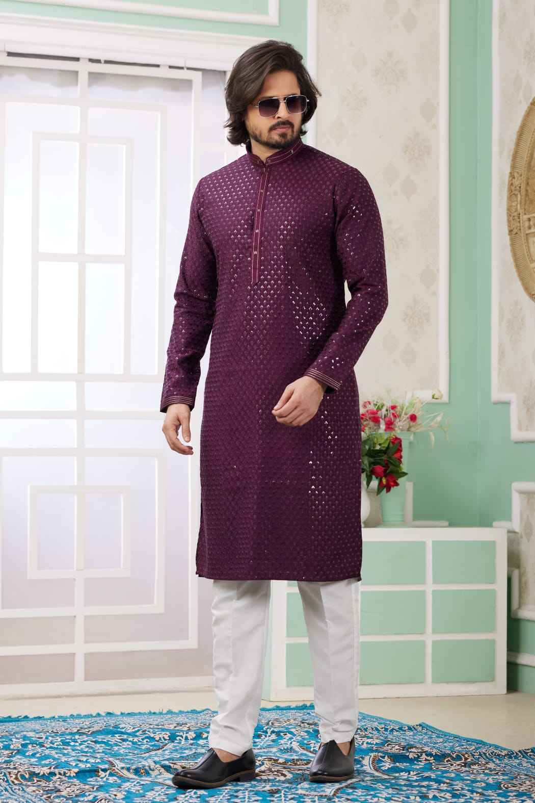 Wine Pure Soft Art Banarasi Silk Embroidery Thread Work Kurta Pajama Set