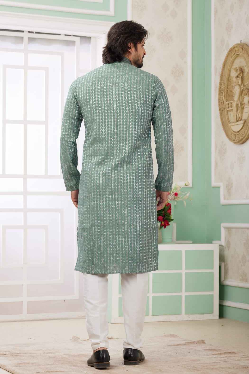 Green Pure Soft Art Banarasi Silk Embroidery Thread Work Kurta Pajama Set