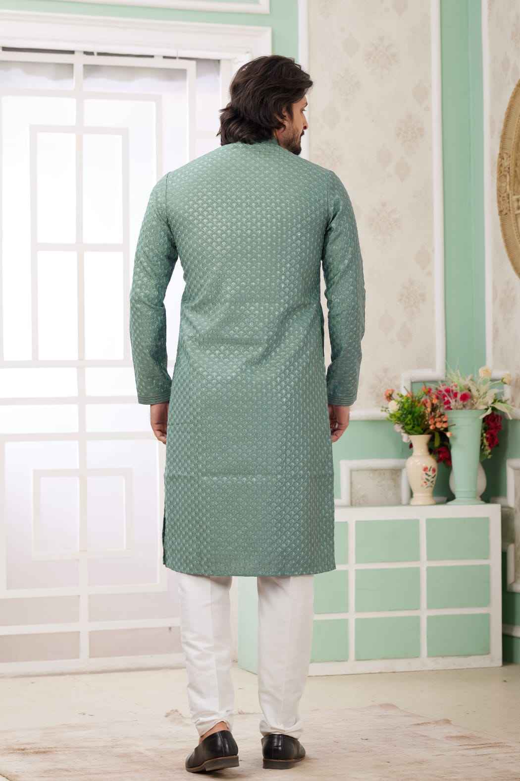 Green Pure Soft Art Banarasi Silk Embroidery Thread Work Kurta Pajama Set