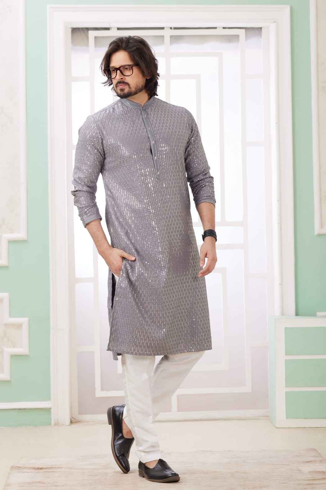 Grey Pure Soft Art Banarasi Silk Embroidery Thread Work Kurta Pajama Set