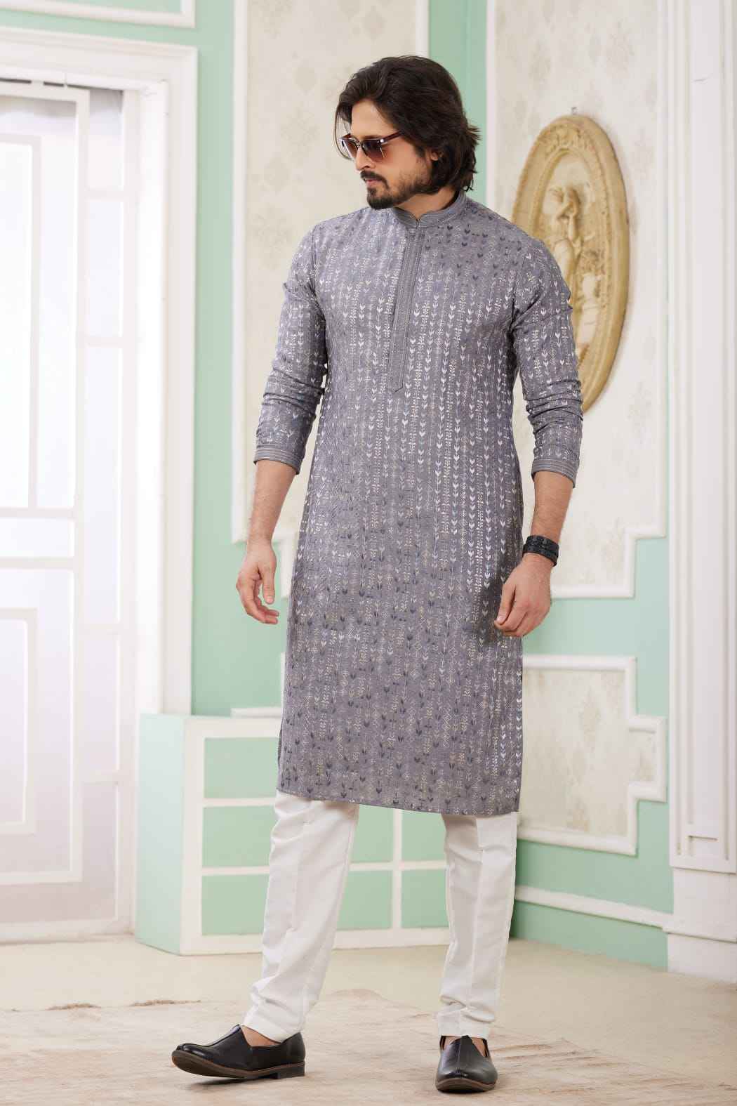 Grey Pure Soft Art Banarasi Silk Embroidery Thread Work Kurta Pajama Set