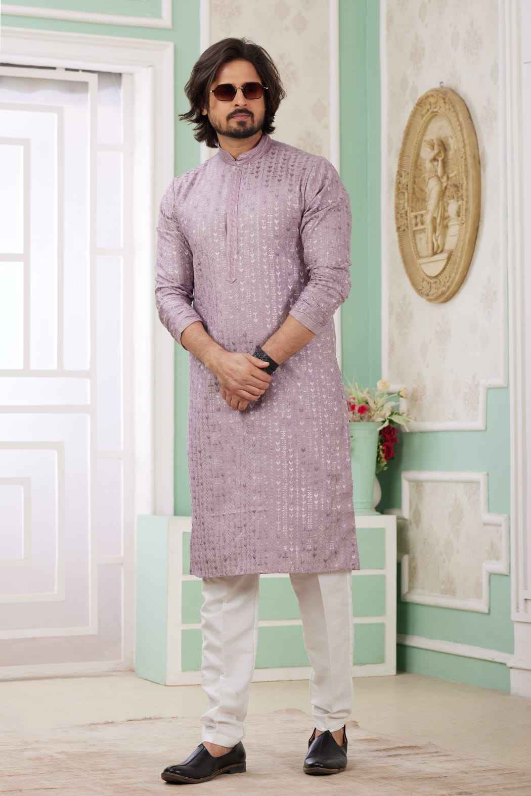 Lilac Pure Soft Art Banarasi Silk Embroidery Thread Work Kurta Pajama Set