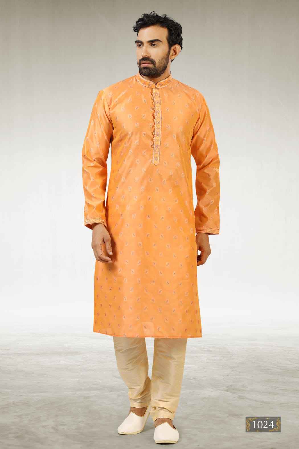 Peach Pure Soft Jequard Silk Brocade Kurta Pajama